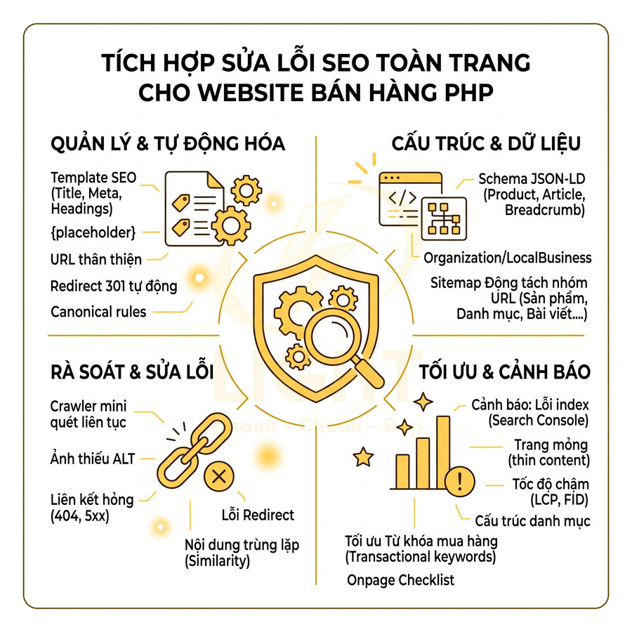 Giải pháp tích hợp sửa lỗi SEO toàn trang cho website bán hàng PHP với quản lý, cấu trúc dữ liệu và tối ưu cảnh báo