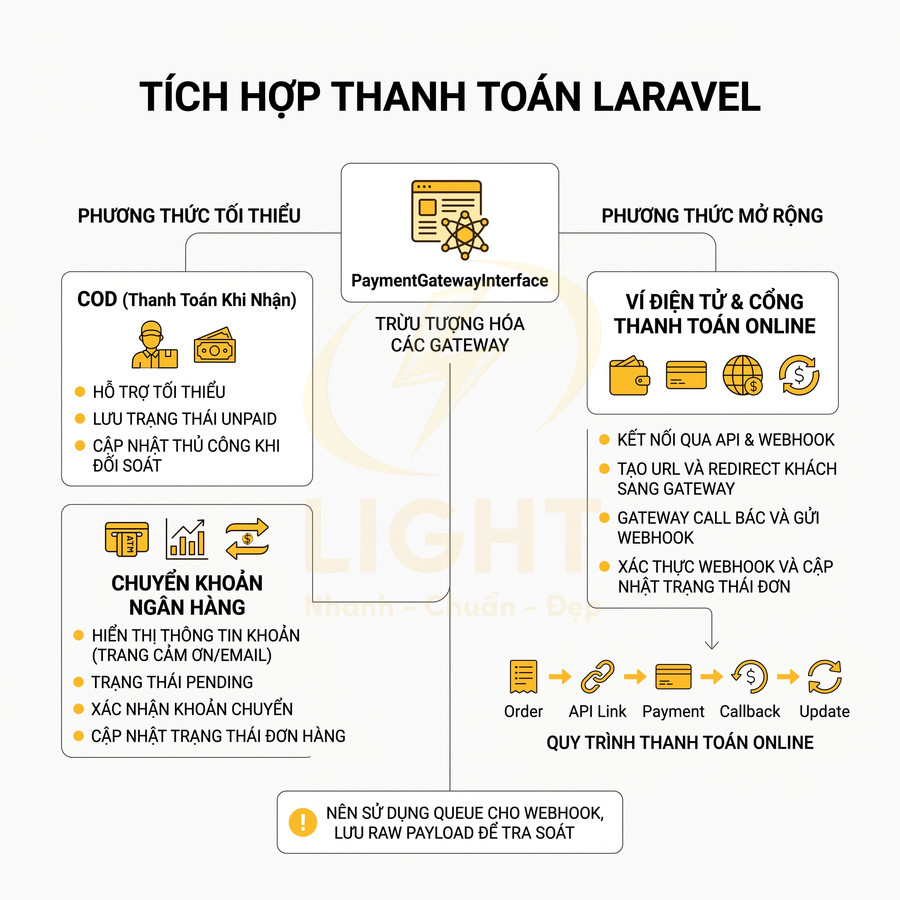 Sơ đồ tích hợp thanh toán Laravel với COD, chuyển khoản ngân hàng và ví điện tử cổng thanh toán online