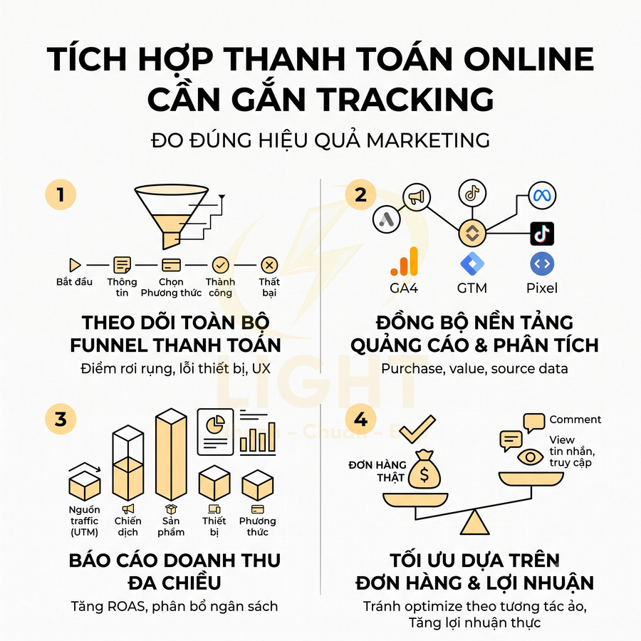 Infographic tích hợp thanh toán online với tracking để đo hiệu quả marketing và tối ưu doanh thu lợi nhuận