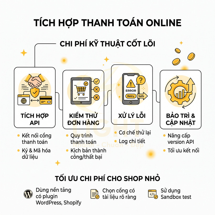 Mô tả quy trình tích hợp thanh toán online gồm tích hợp API, kiểm thử đơn hàng, xử lý lỗi, bảo trì và cập nhật