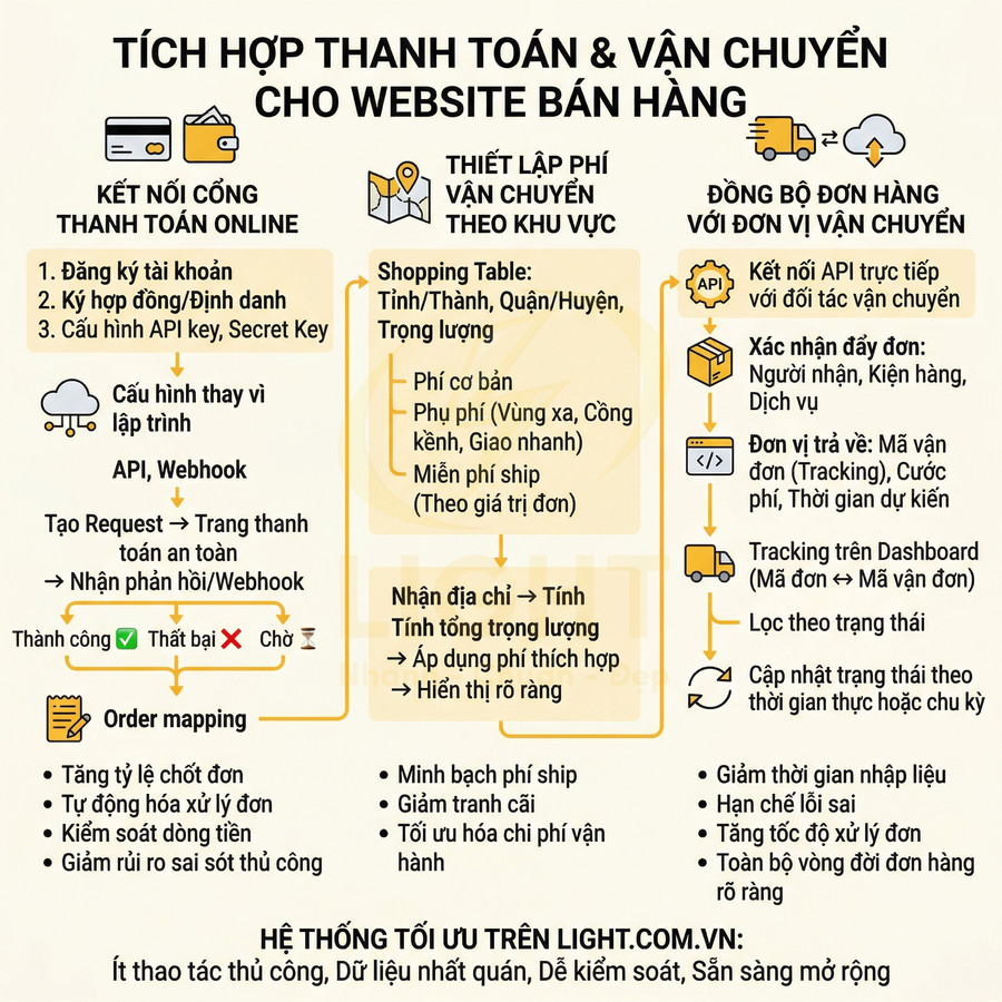 Hướng dẫn tích hợp thanh toán online và vận chuyển, tối ưu quy trình xử lý đơn hàng cho website bán hàng
