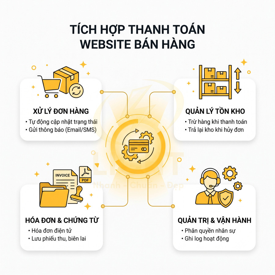 Mô tả giải pháp tích hợp thanh toán cho website bán hàng với xử lý đơn, tồn kho, hóa đơn và quản trị vận hành