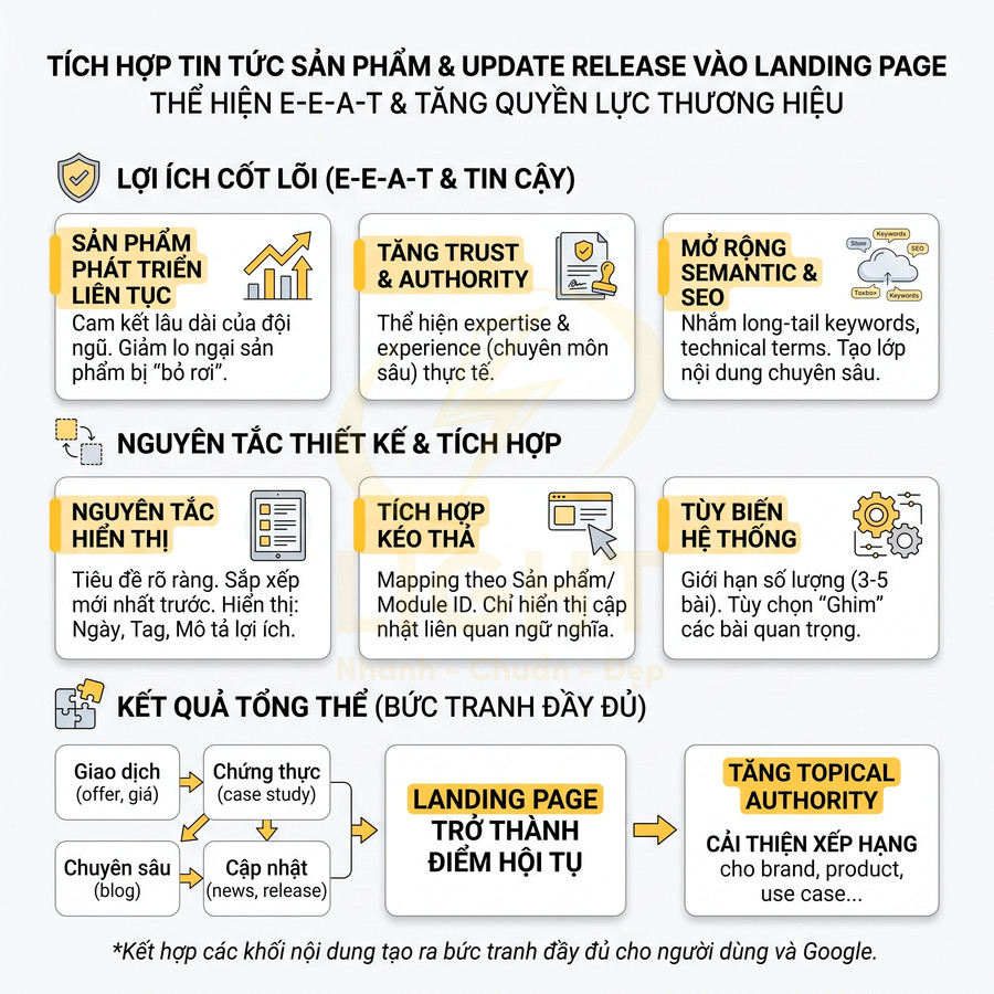 Infographic hướng dẫn tích hợp tin tức sản phẩm và update release vào landing page để tăng E-E-A-T và topical authority