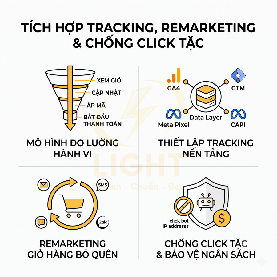 Giải pháp tích hợp tracking remarketing chống click tặc với mô hình đo lường hành vi và bảo vệ ngân sách quảng cáo