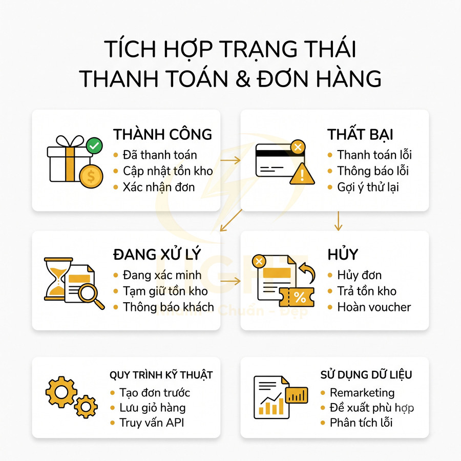 Sơ đồ tích hợp trạng thái thanh toán và đơn hàng với các bước thành công, thất bại, đang xử lý, hủy và quy trình kỹ thuật