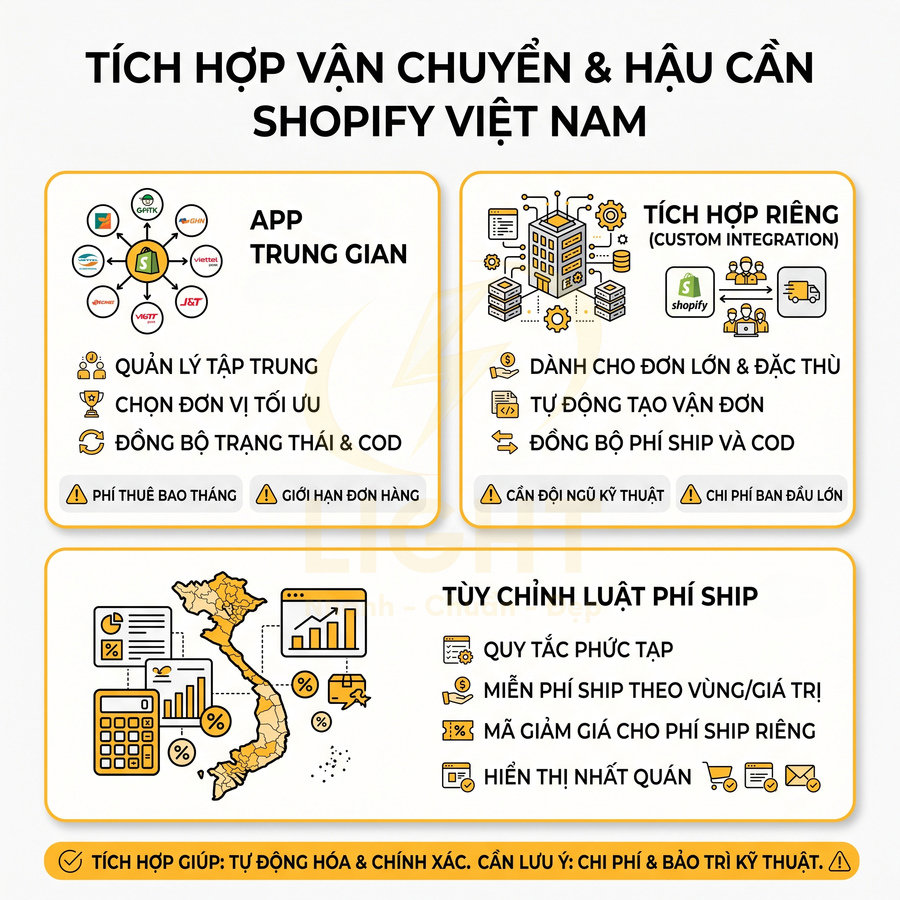 Giải pháp tích hợp vận chuyển và hậu cần Shopify Việt Nam với app trung gian và tùy chỉnh luật phí ship