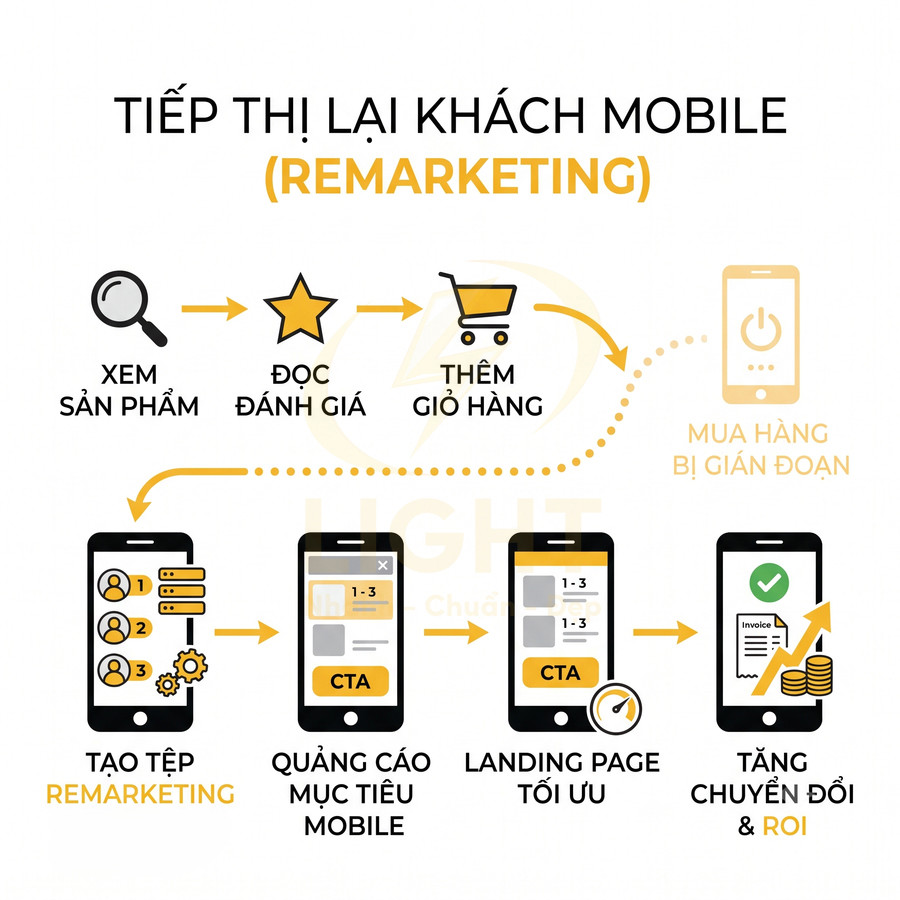 Quy trình remarketing trên mobile từ xem sản phẩm, thêm giỏ hàng đến quảng cáo lại và tăng chuyển đổi mua hàng