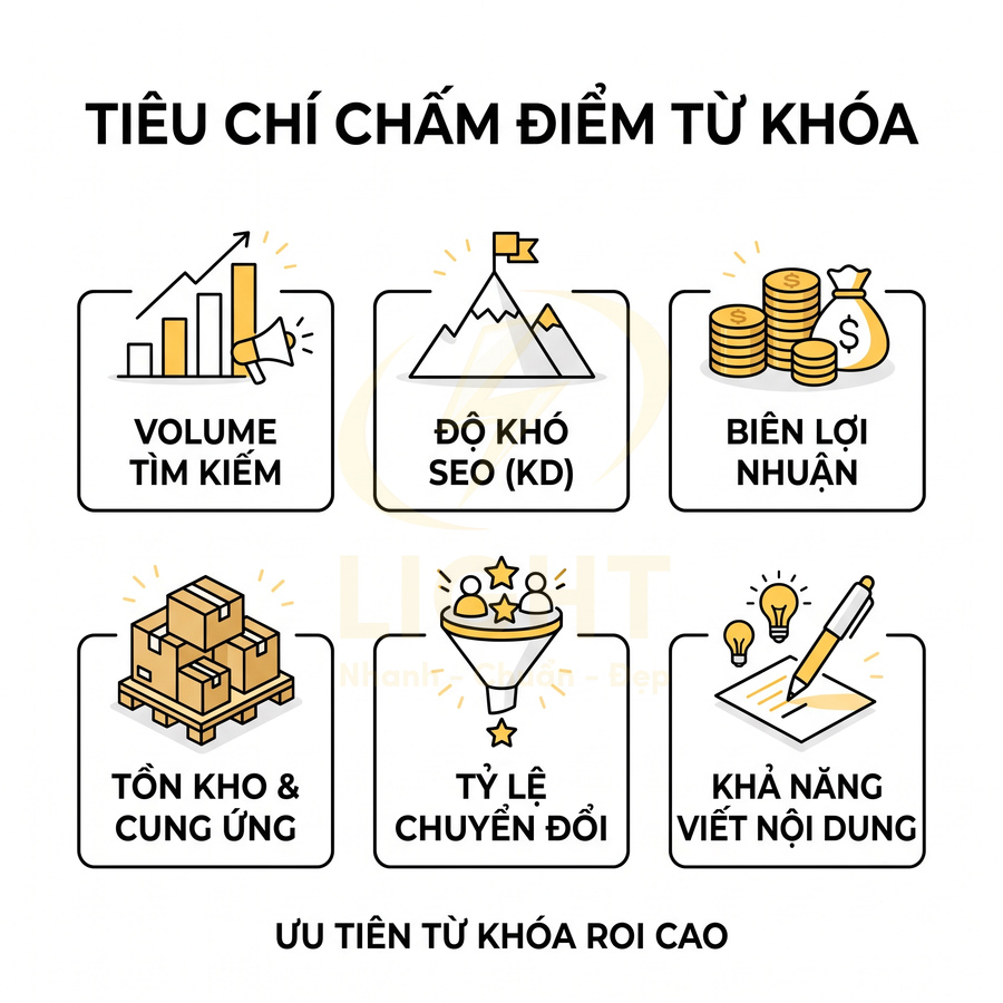 Tiêu chí chấm điểm từ khóa SEO gồm volume tìm kiếm, độ khó, lợi nhuận, tồn kho, chuyển đổi và khả năng viết nội dung
