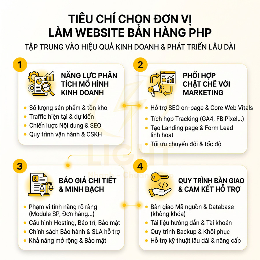 Tiêu chí chọn đơn vị thiết kế website bán hàng PHP tập trung hiệu quả kinh doanh và hỗ trợ lâu dài