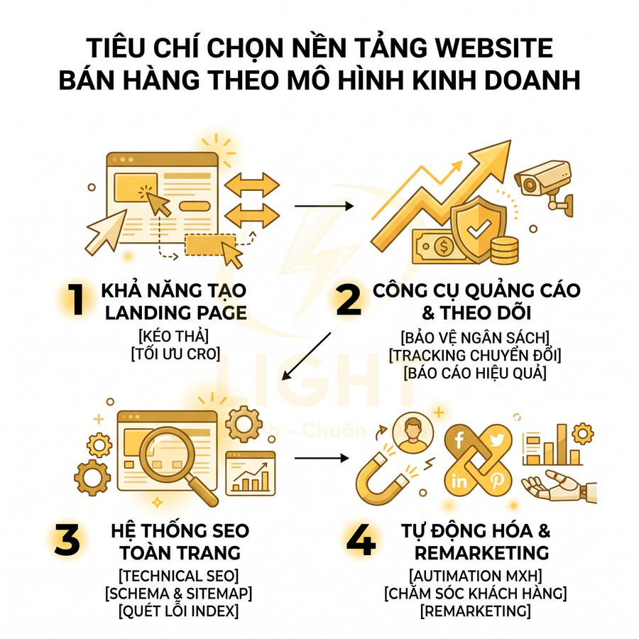 Tiêu chí chọn nền tảng website bán hàng: landing page, quảng cáo theo dõi, hệ thống SEO, tự động hóa remarketing