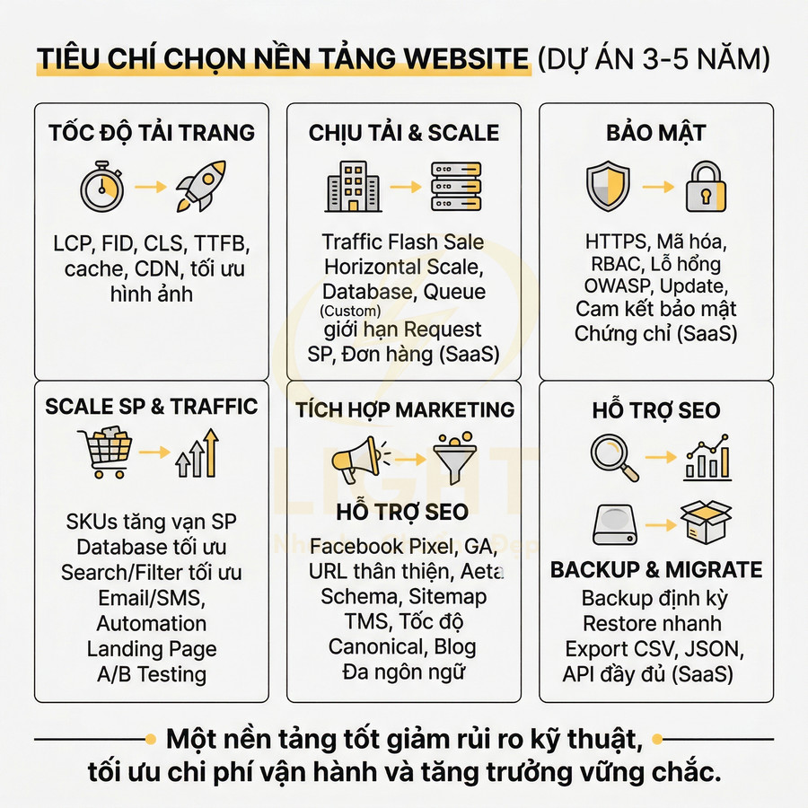 Tiêu chí chọn nền tảng website cho dự án 3 đến 5 năm về tốc độ, bảo mật, chịu tải, marketing và SEO