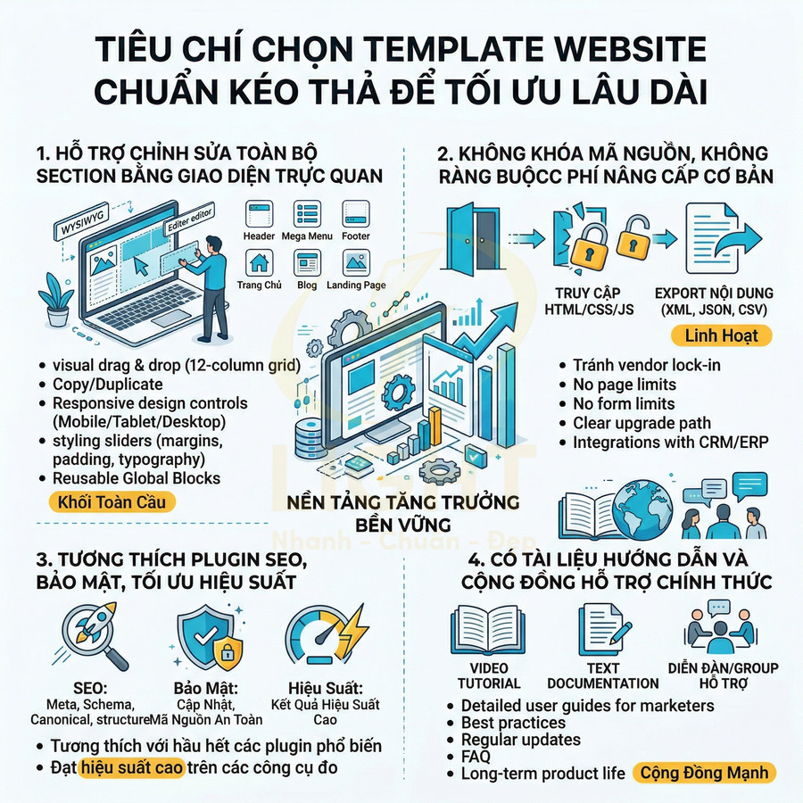 Infographic tiêu chí chọn template website kéo thả chuẩn SEO, hỗ trợ chỉnh sửa trực quan, mở mã nguồn và tài liệu hướng dẫn