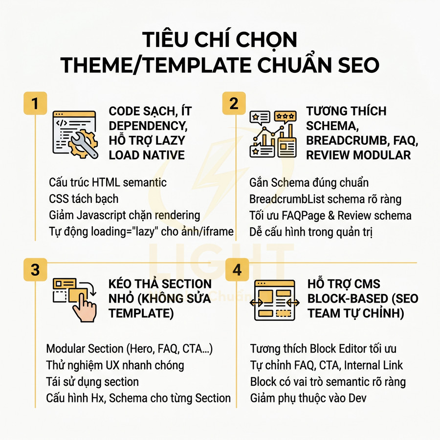 Tiêu chí chọn theme template chuẩn SEO với code sạch, schema chuẩn, kéo thả section và hỗ trợ CMS block based