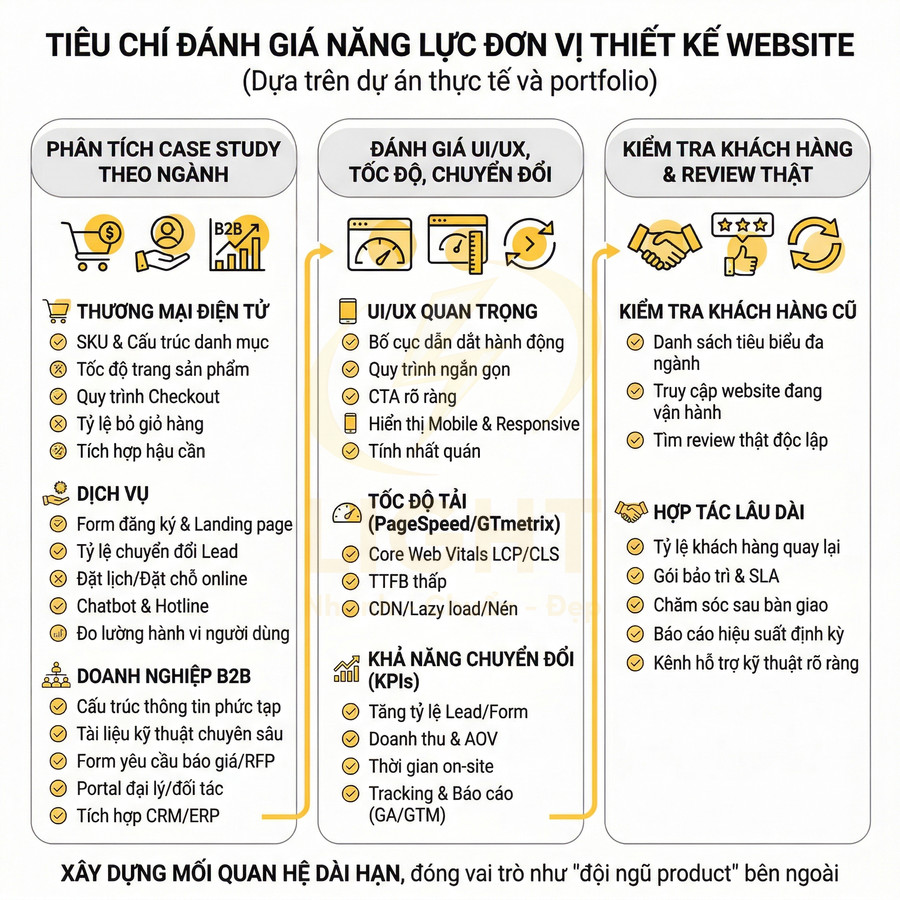 Tiêu chí đánh giá năng lực đơn vị thiết kế website về UIUX tốc độ chuyển đổi và hợp tác lâu dài