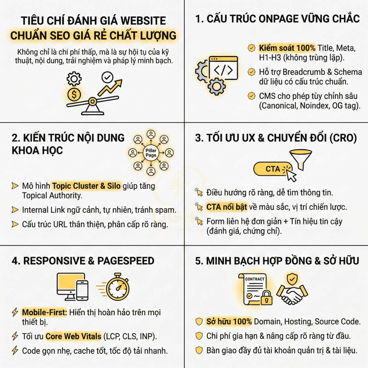 Tiêu chí đánh giá website chuẩn SEO giá rẻ chất lượng với 5 yếu tố onpage, nội dung, UX, tốc độ và minh bạch hợp đồng