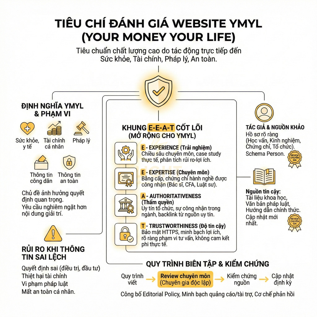 Tiêu chí đánh giá website YMYL với khung E-E-A-T, rủi ro thông tin sai lệch và quy trình biên tập kiểm chứng nội dung