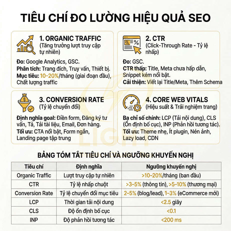 Bảng tóm tắt các tiêu chí đo lường hiệu quả SEO gồm organic traffic, CTR, conversion rate và core web vitals