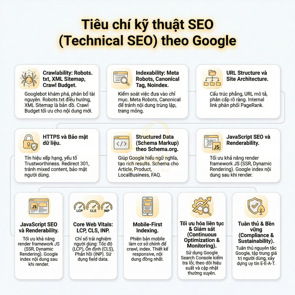Infographic tiêu chí kỹ thuật SEO của Google gồm crawl, index, HTTPS, structured data, Core Web Vitals, mobile first, EAT