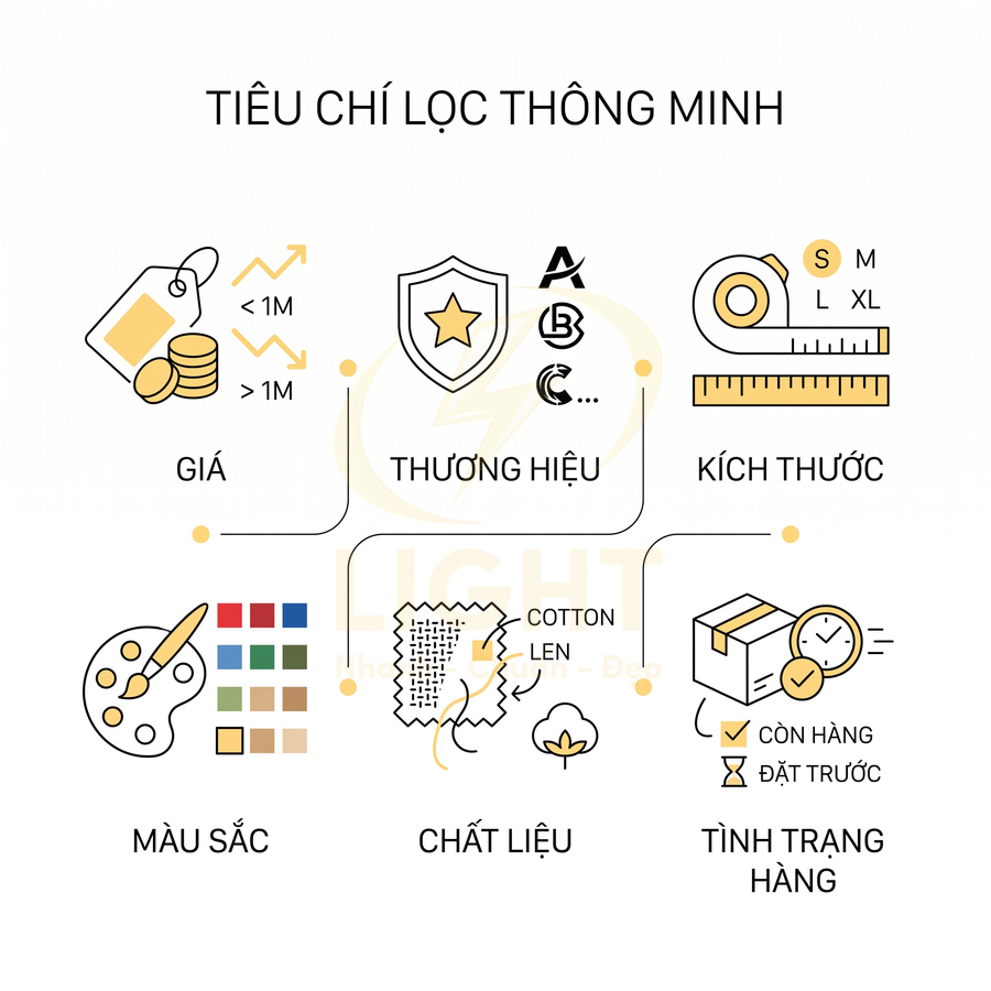 Tiêu chí lọc sản phẩm thông minh theo giá, thương hiệu, kích thước, màu sắc, chất liệu và tình trạng hàng