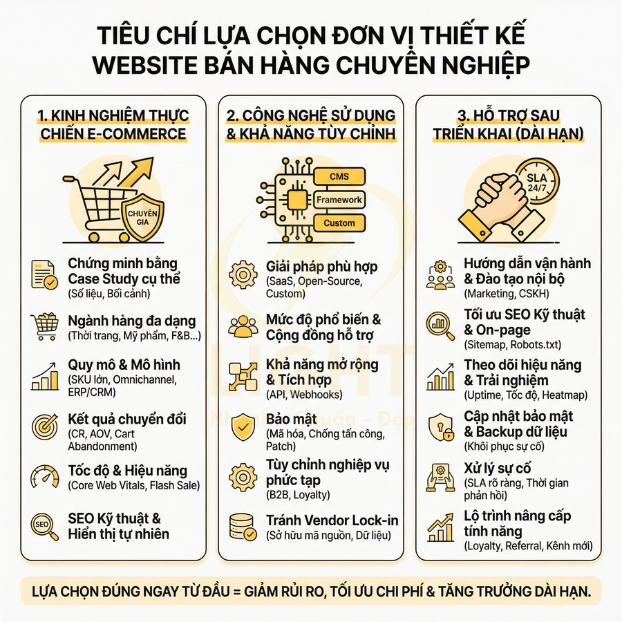 Tiêu chí lựa chọn đơn vị thiết kế website bán hàng chuyên nghiệp với 3 nhóm tiêu chí chính