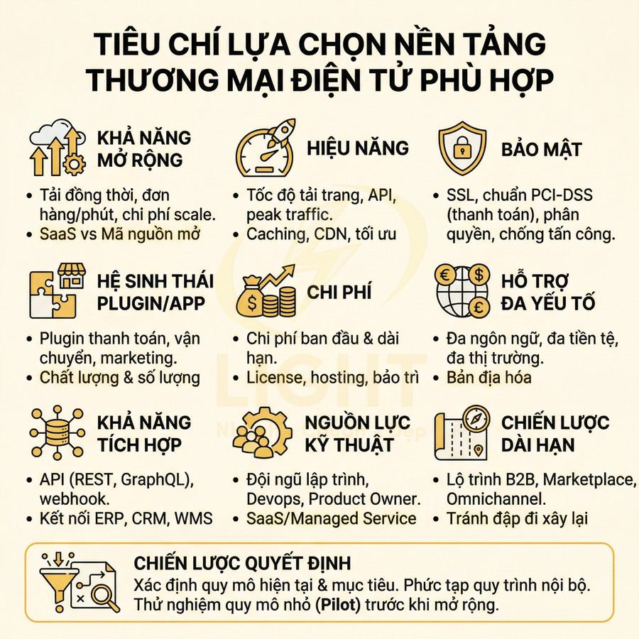 Tiêu chí lựa chọn nền tảng thương mại điện tử phù hợp với doanh nghiệp, liệt kê các yếu tố quan trọng