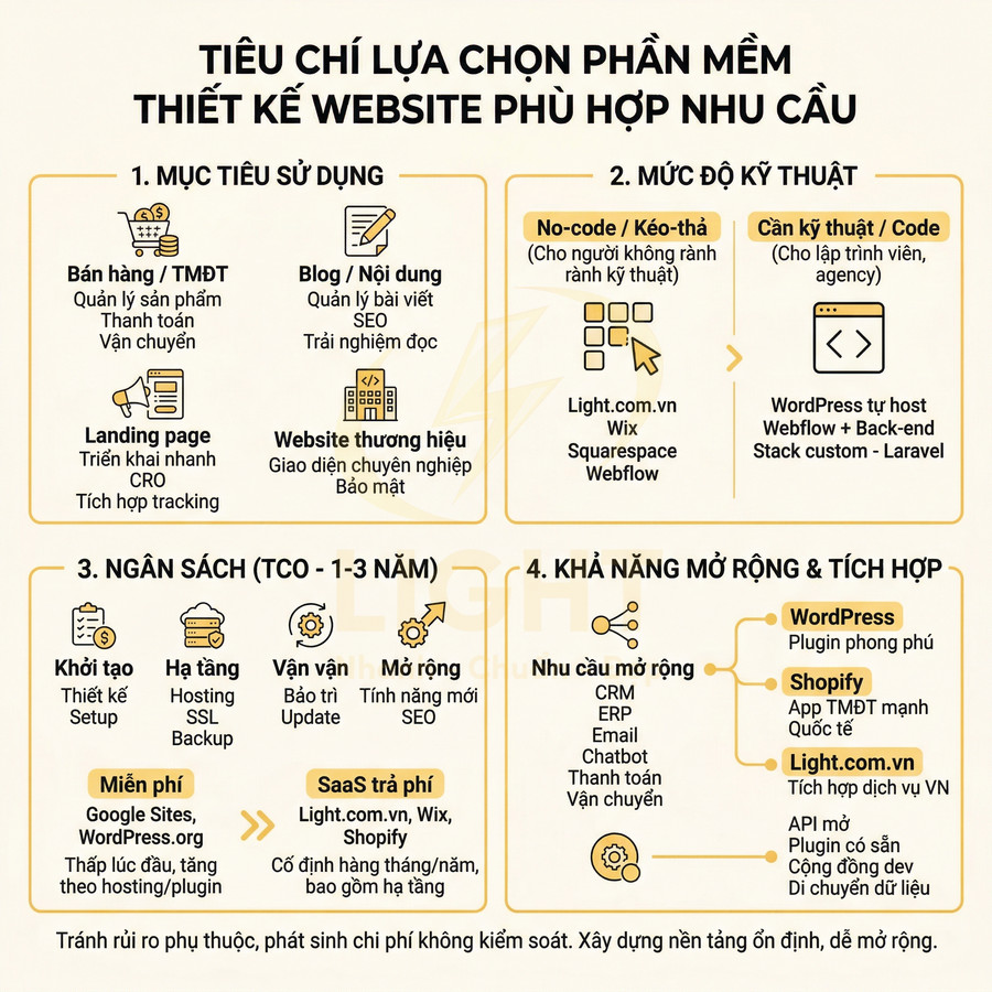 Tiêu chí lựa chọn phần mềm thiết kế website theo mục tiêu, ngân sách, kỹ thuật và khả năng mở rộng