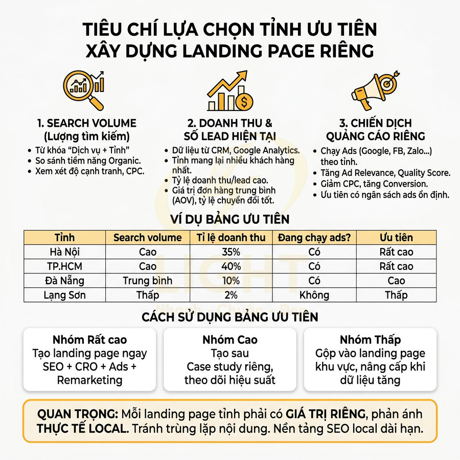 Tiêu chí lựa chọn tỉnh ưu tiên xây dựng landing page riêng theo search volume doanh thu và quảng cáo