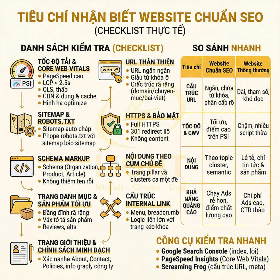Checklist tiêu chí nhận biết website chuẩn SEO bằng tiếng Việt với danh sách kiểm tra và bảng so sánh nhanh