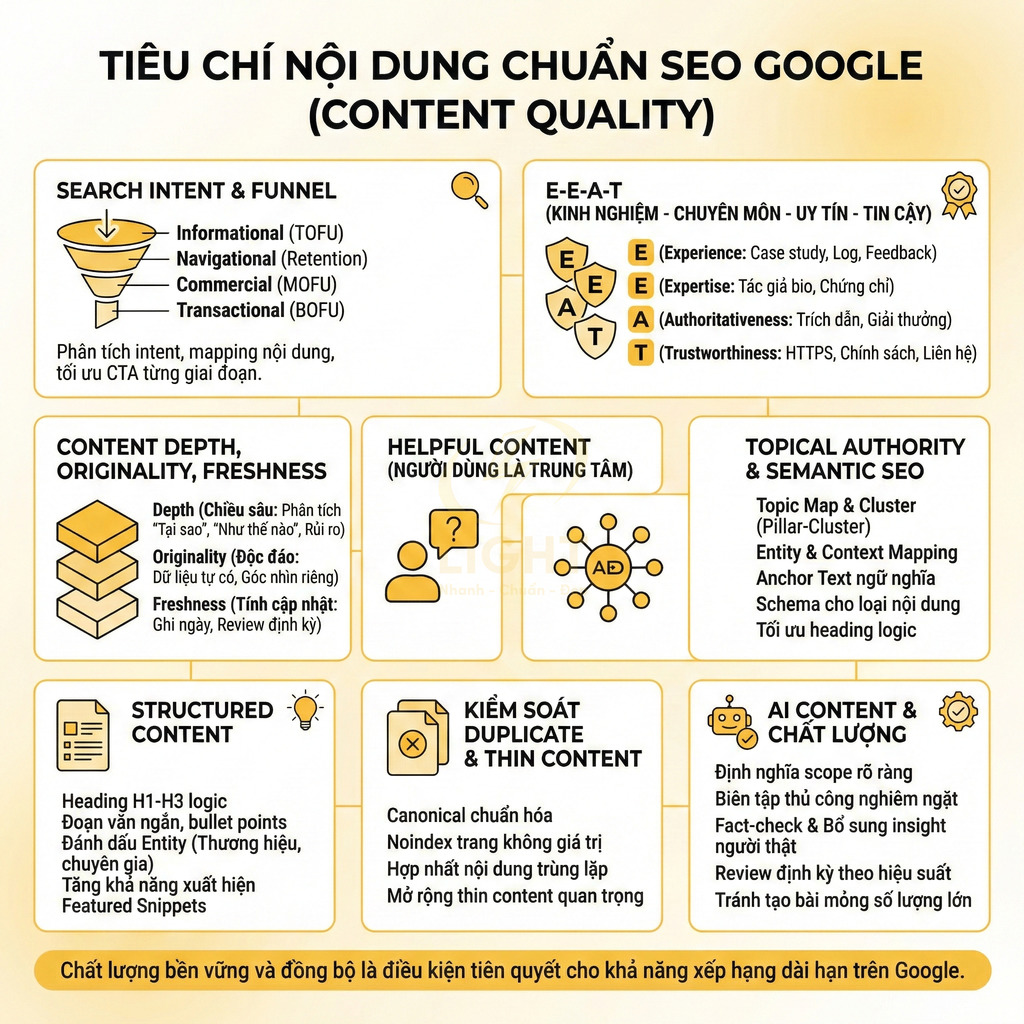 Tiêu chí nội dung chuẩn SEO Google về chất lượng content, E-E-A-T, cấu trúc và kiểm soát trùng lặp