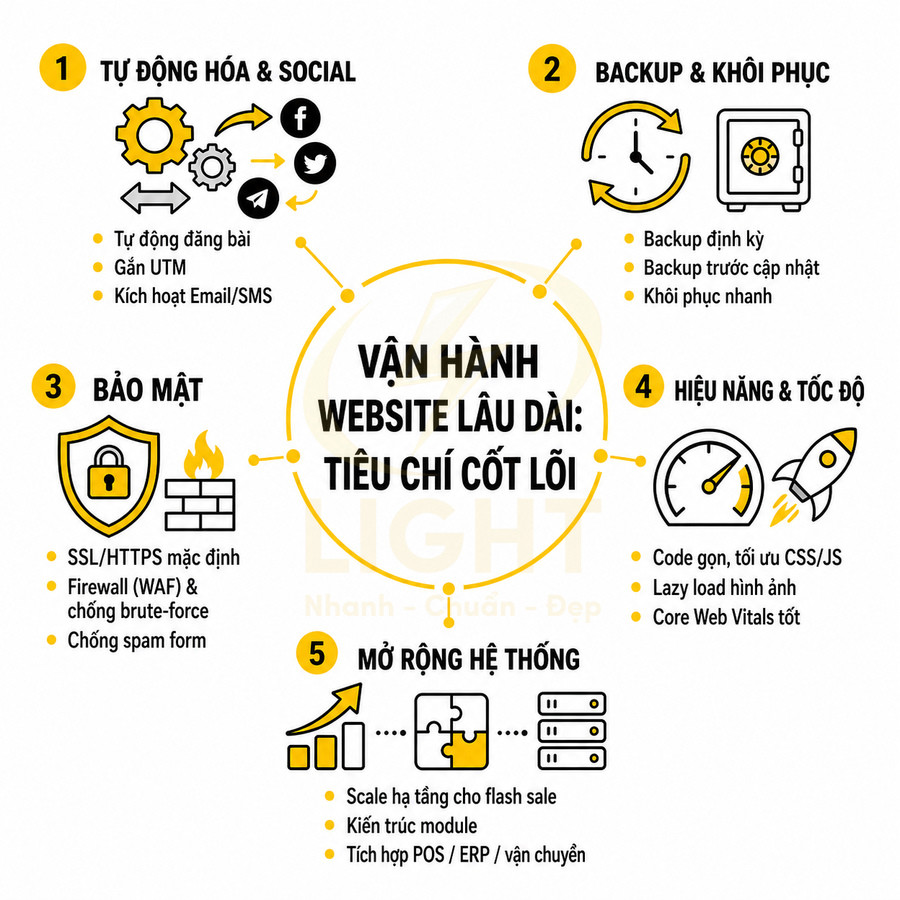 Tiêu chí cốt lõi vận hành website lâu dài gồm tự động hóa, backup, bảo mật, hiệu năng và mở rộng hệ thống