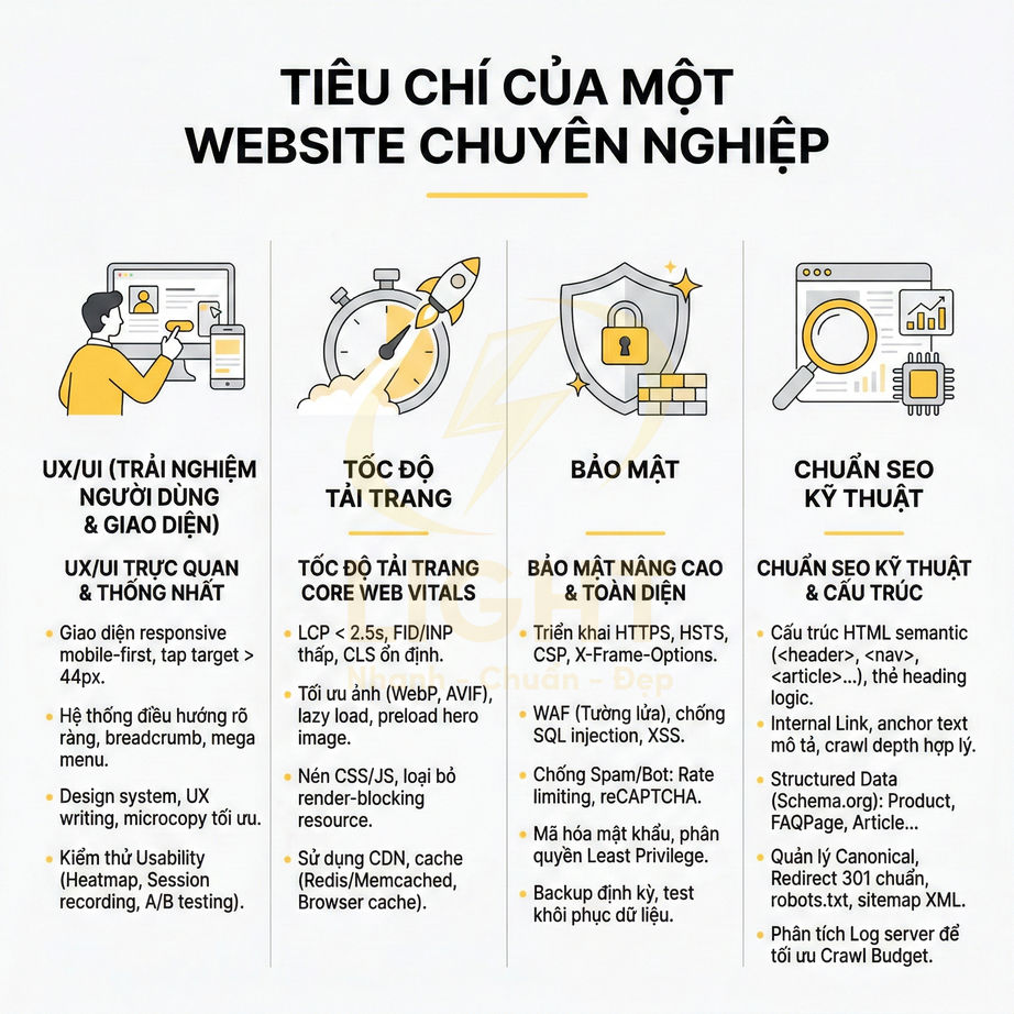 Tiêu chí website chuyên nghiệp với 4 yếu tố UX UI tốc độ tải trang bảo mật và chuẩn SEO kỹ thuật