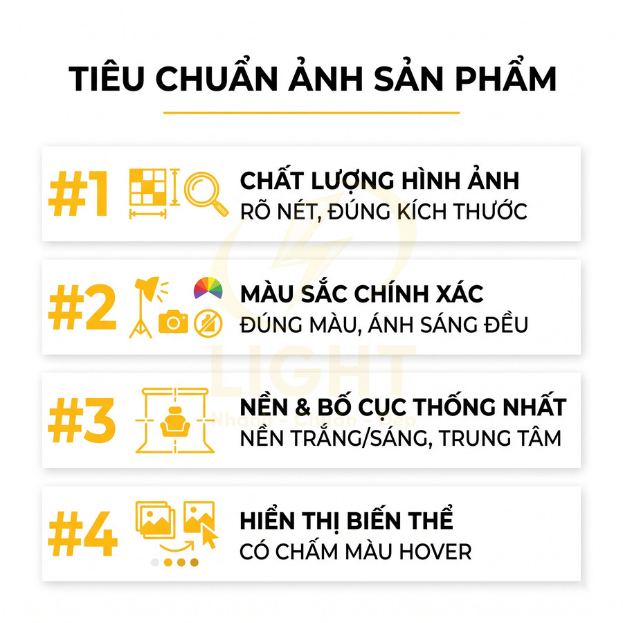 Tiêu chuẩn ảnh sản phẩm với 4 mục về chất lượng, màu sắc, bố cục và hiển thị biến thể