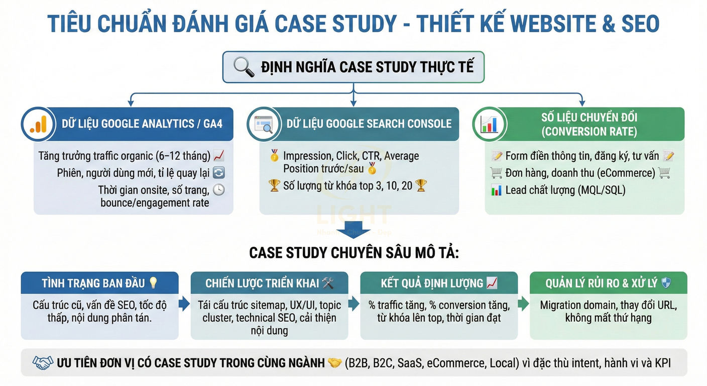 Tiêu chuẩn đánh giá case study thiết kế website và SEO với dữ liệu GA4, Search Console và tỉ lệ chuyển đổi