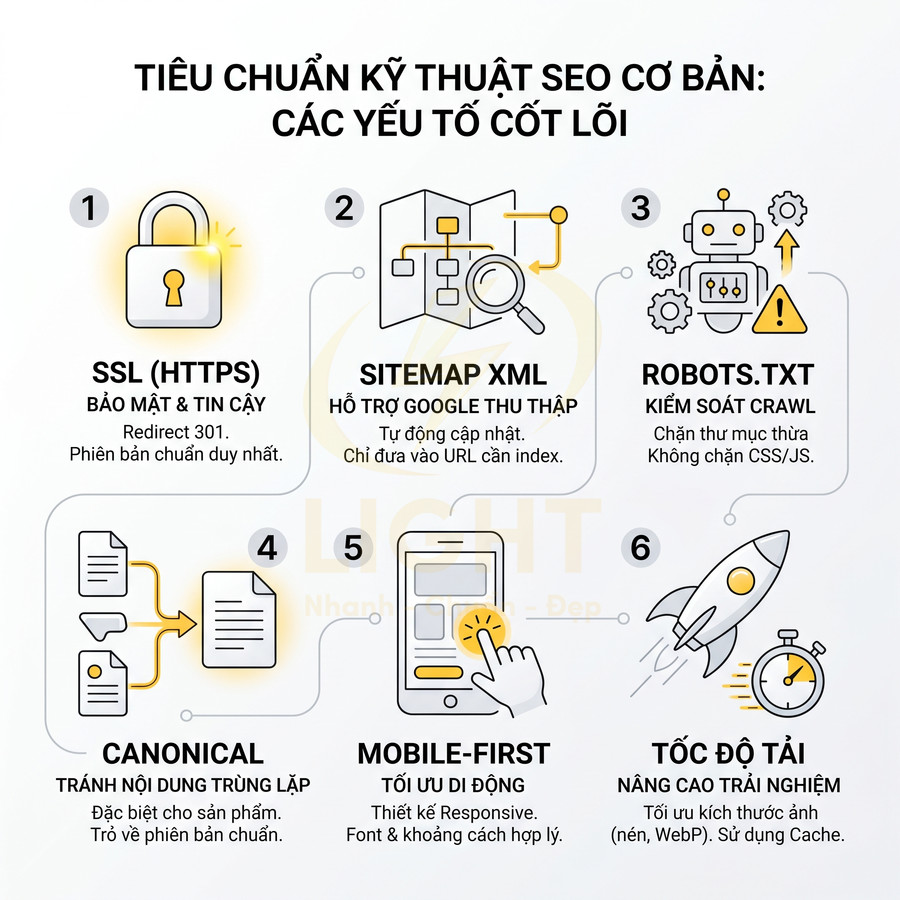 Tiêu chuẩn kỹ thuật SEO cơ bản với 6 yếu tố cốt lõi như SSL, sitemap, robots, canonical, mobile first, tốc độ tải