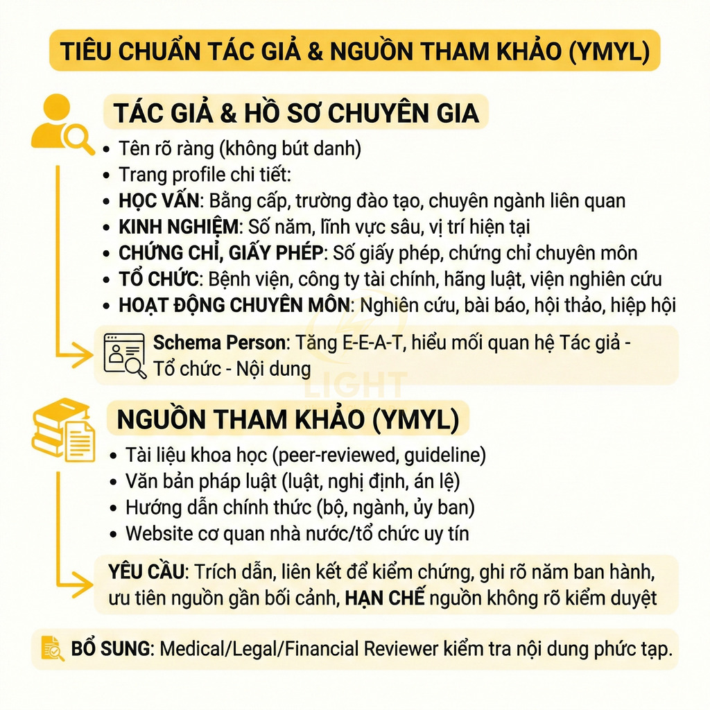 Infographic tiêu chuẩn tác giả và nguồn tham khảo YMYL, yêu cầu hồ sơ chuyên gia và trích dẫn tài liệu uy tín