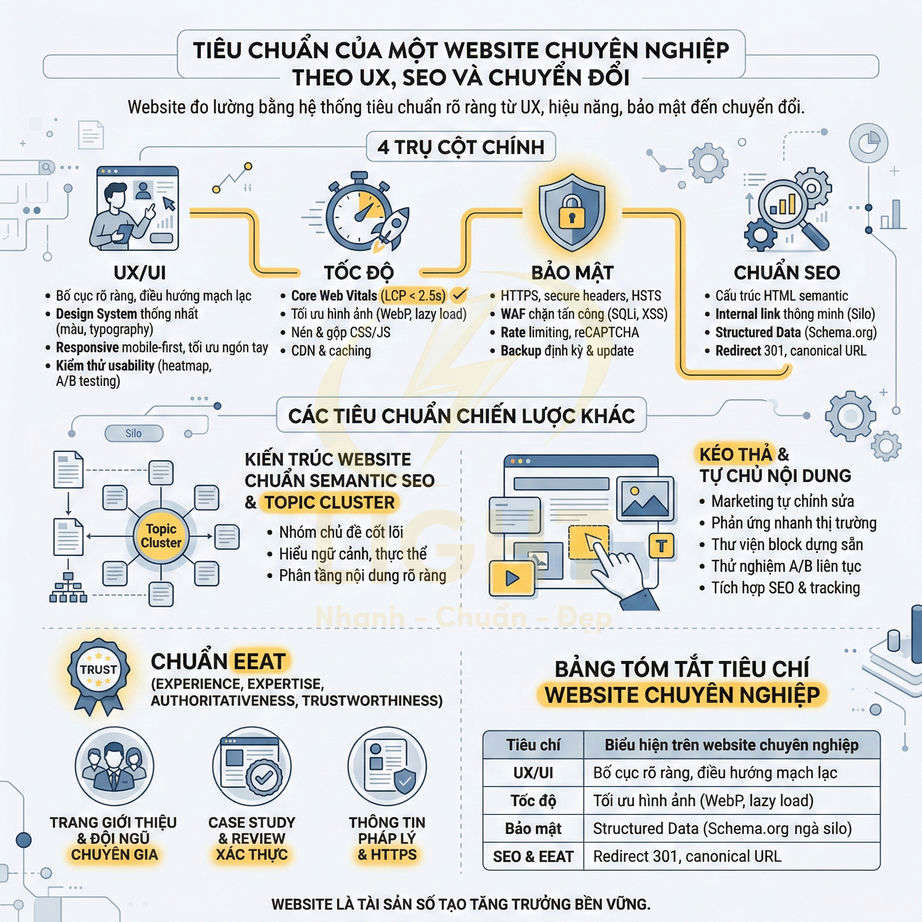 Infographic tiêu chuẩn website chuyên nghiệp theo UX UI SEO bảo mật tốc độ và nội dung chuẩn semantic SEO