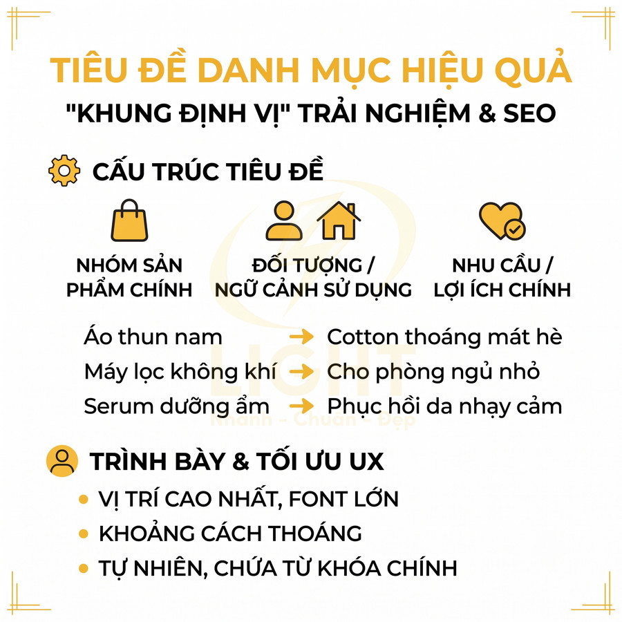 Hướng dẫn viết tiêu đề danh mục sản phẩm chuẩn SEO với cấu trúc nhóm sản phẩm, đối tượng dùng và lợi ích chính