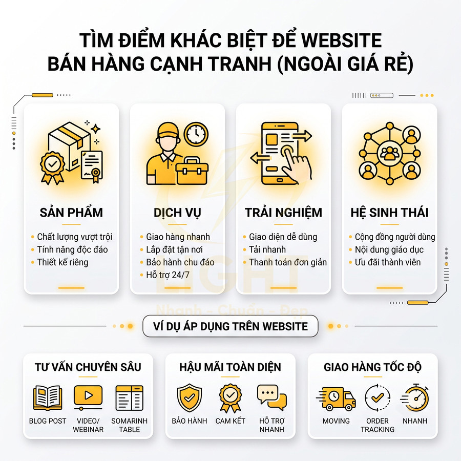 Infographic các yếu tố giúp website bán hàng cạnh tranh về sản phẩm dịch vụ trải nghiệm và hệ sinh thái