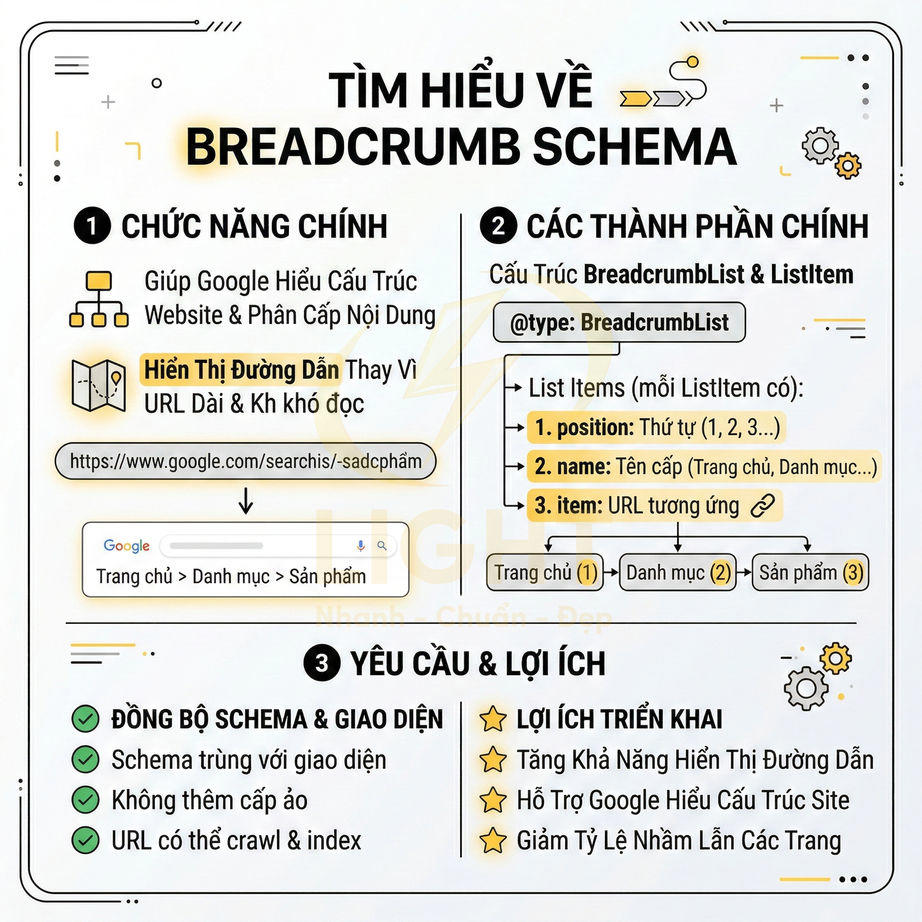 Hình minh họa hướng dẫn Breadcrumb Schema, chức năng, thành phần, yêu cầu và lợi ích cho SEO website