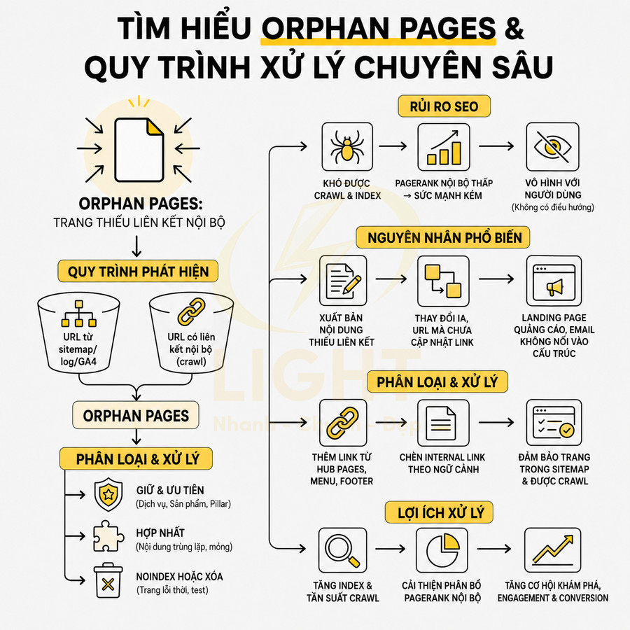 Infographic quy trình xử lý orphan pages trong SEO, nêu rủi ro, nguyên nhân, cách phân loại và lợi ích tối ưu website