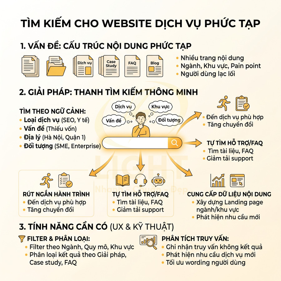 Infographic giải pháp thanh tìm kiếm thông minh cho website dịch vụ phức tạp, tối ưu trải nghiệm và hỗ trợ khách hàng