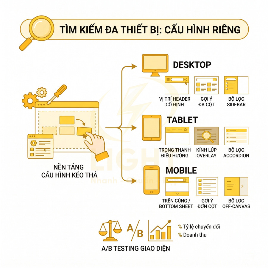 Minh họa nền tảng cấu hình kéo thả tối ưu tìm kiếm đa thiết bị desktop tablet mobile và A/B testing giao diện