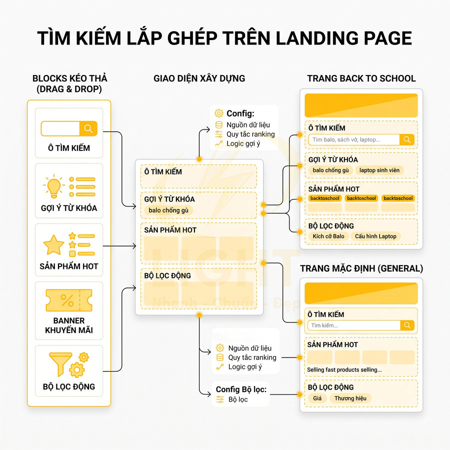 Sơ đồ các block tìm kiếm, gợi ý từ khóa, sản phẩm hot và bộ lọc động lắp ghép trên landing page bán hàng