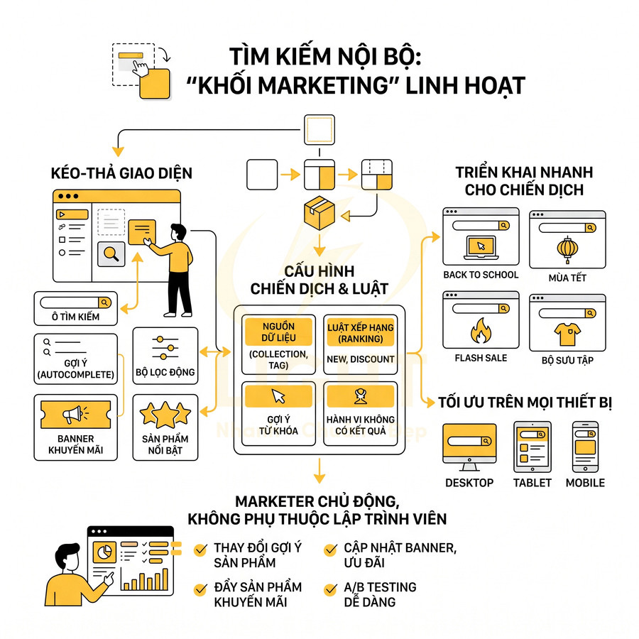 Infographic giải pháp tìm kiếm nội bộ khối marketing linh hoạt cho marketer tự cấu hình chiến dịch và tối ưu trên mọi thiết bị