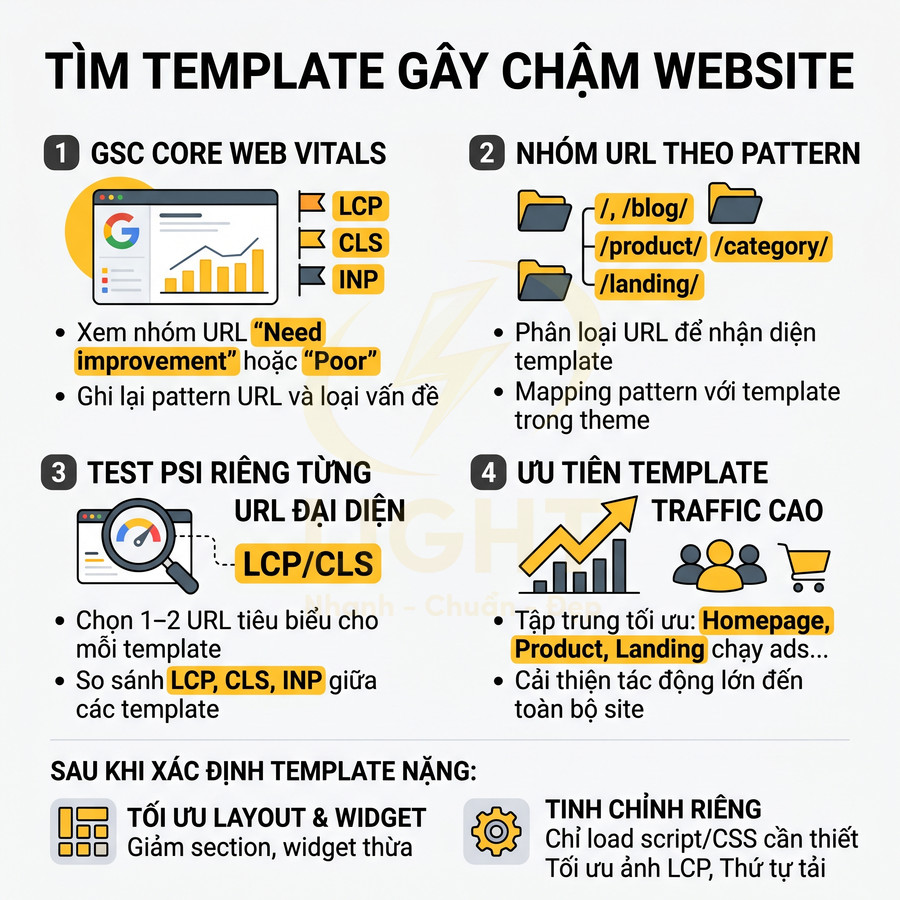 Hướng dẫn tìm và tối ưu template gây chậm website bằng GSC Core Web Vitals và phân nhóm URL