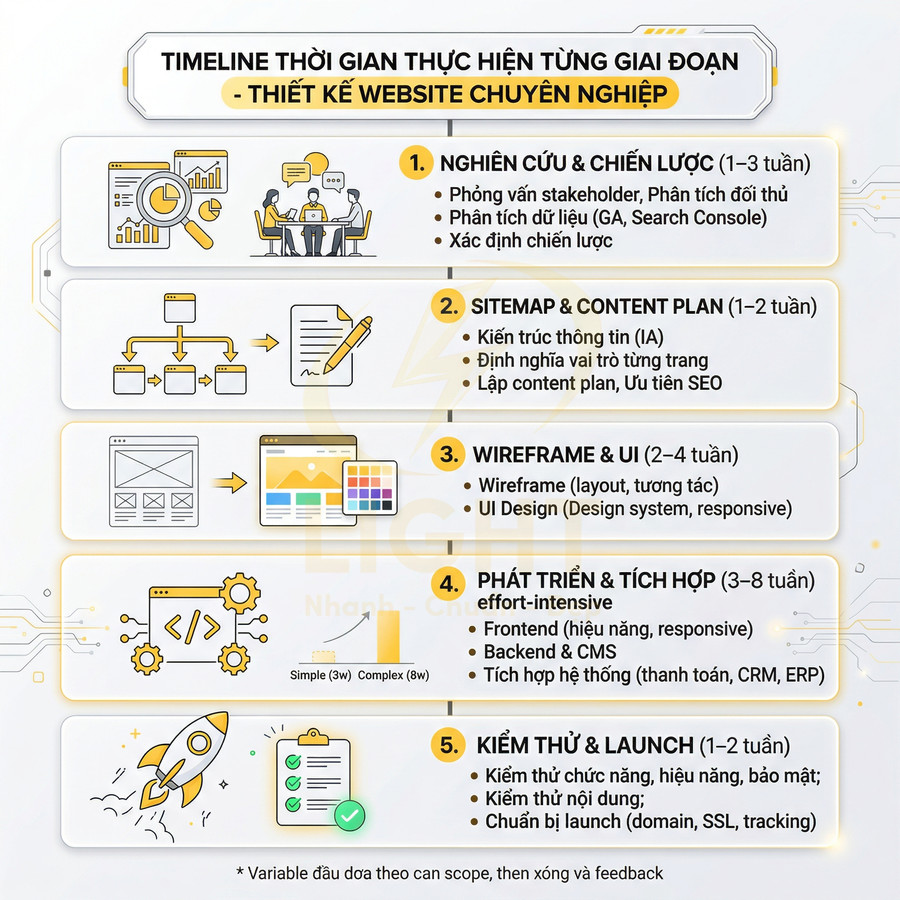 Timeline các bước thiết kế website chuyên nghiệp từ nghiên cứu, sitemap, wireframe đến phát triển và kiểm thử launch