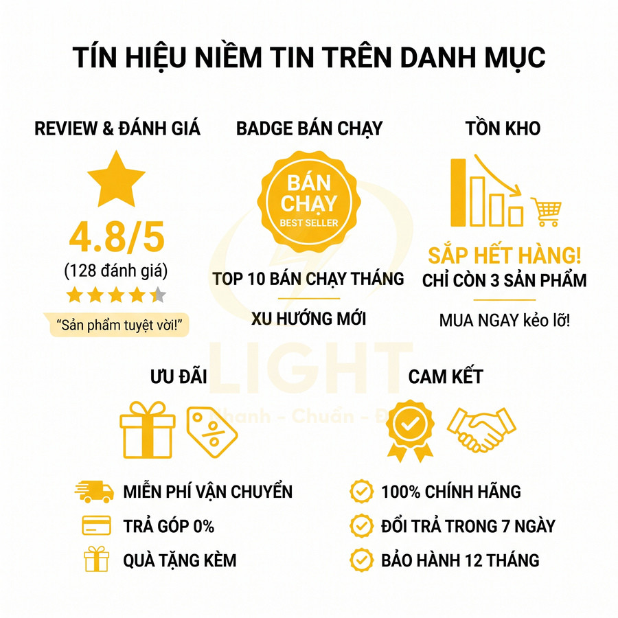 Banner tín hiệu niềm tin: đánh giá 4.8 sao, badge bán chạy, sắp hết hàng, ưu đãi và cam kết chính hãng, bảo hành 12 tháng