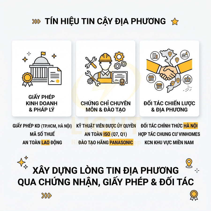Infographic xây dựng lòng tin địa phương qua giấy phép kinh doanh, chứng chỉ đào tạo Panasonic, đối tác chiến lược Hà Nội
