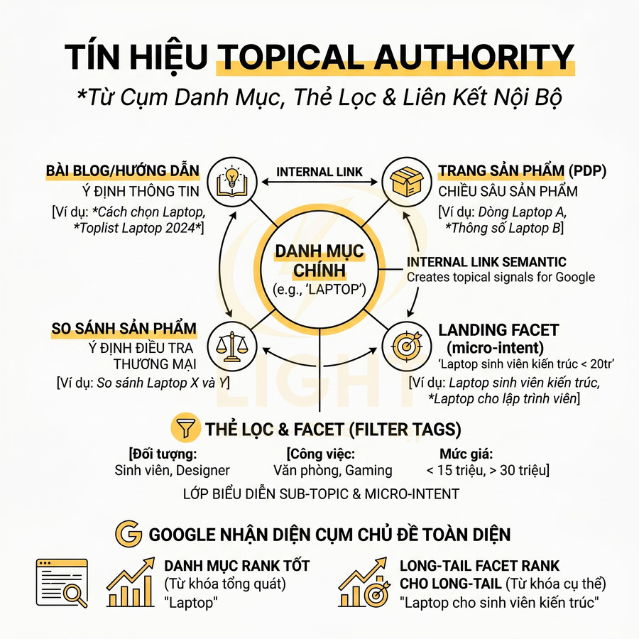 Sơ đồ Topical Authority minh họa cách danh mục laptop, bài blog, trang sản phẩm và thẻ lọc liên kết nội bộ cho SEO