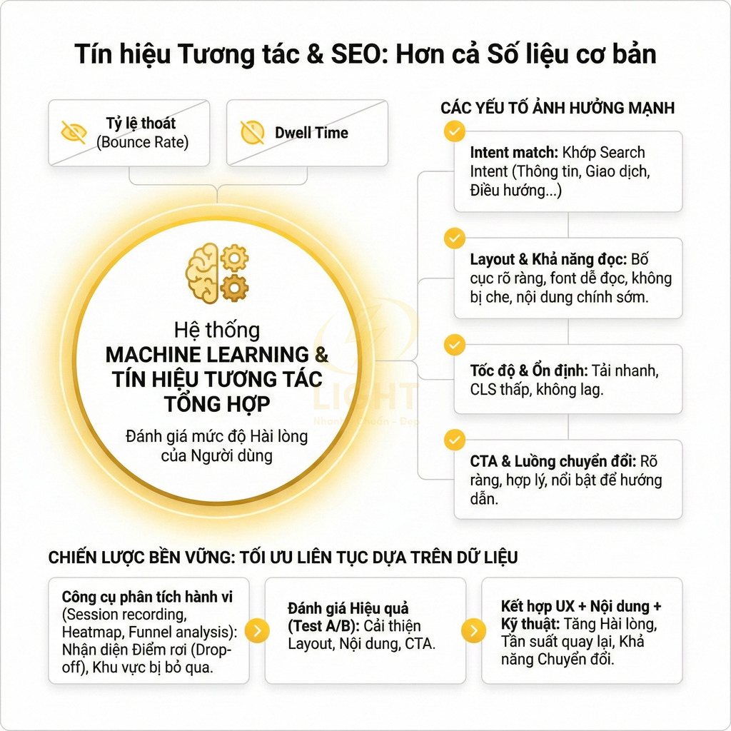 Infographic giải thích tín hiệu tương tác và SEO, hệ thống machine learning đánh giá mức độ hài lòng người dùng
